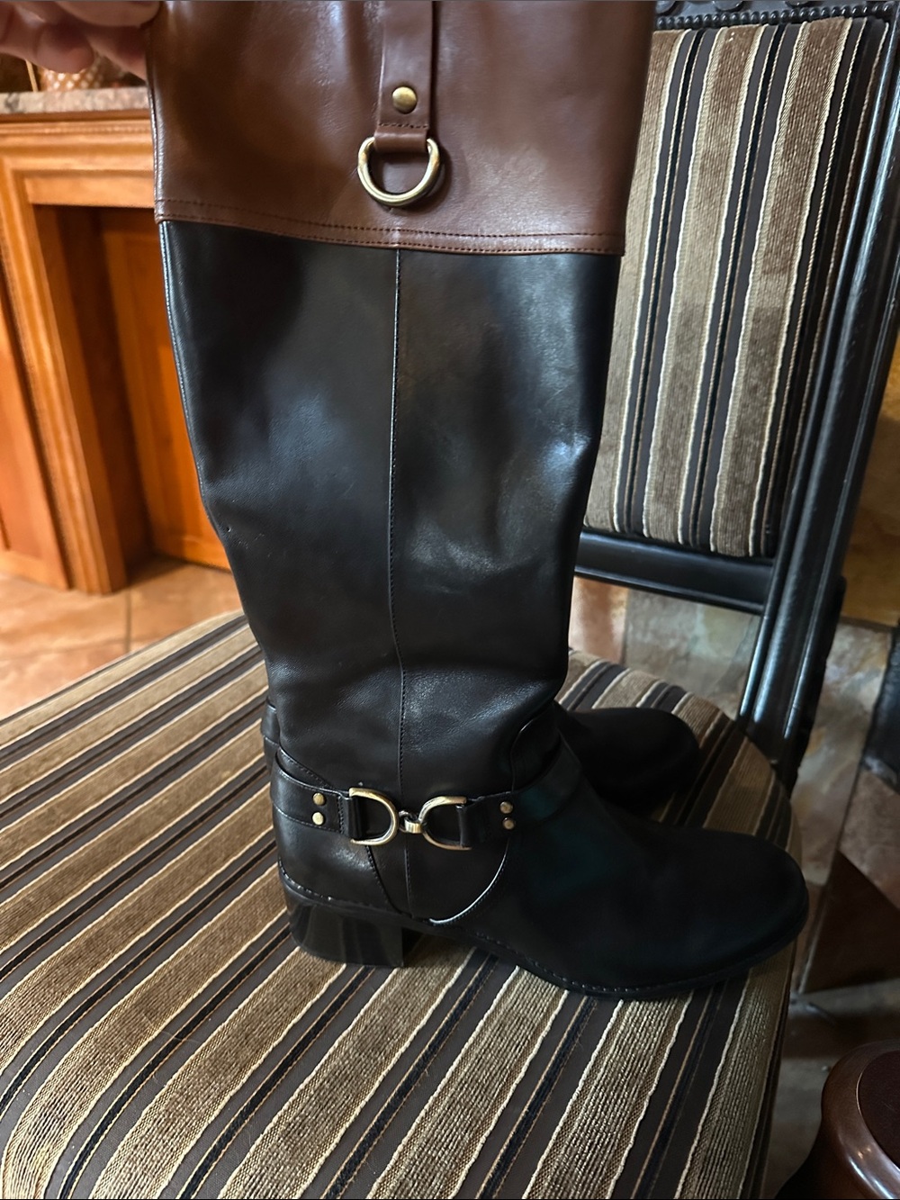 Bandolino Two-Tone Black and Brown Over-the-Knee Riding Boots